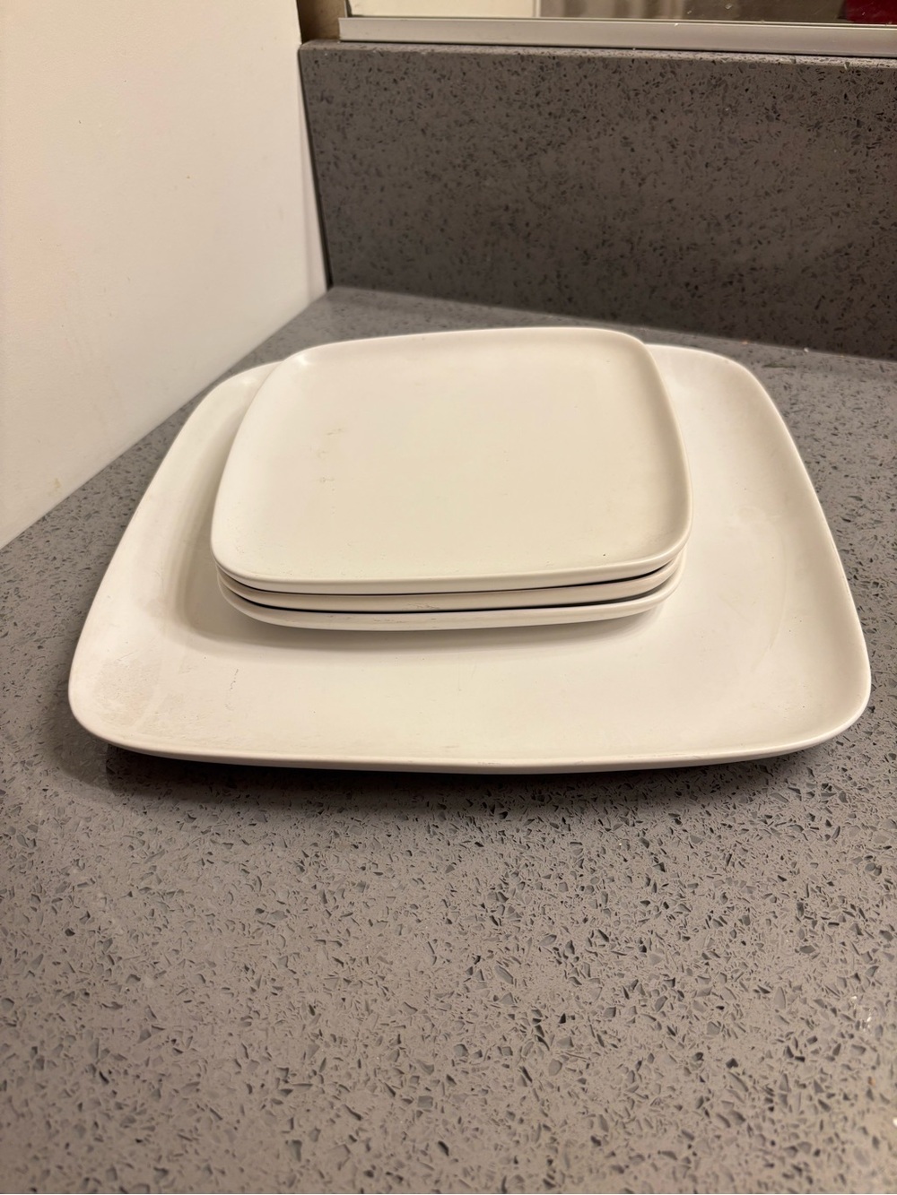 CB2 White Square Stoneware serving plates4 total.